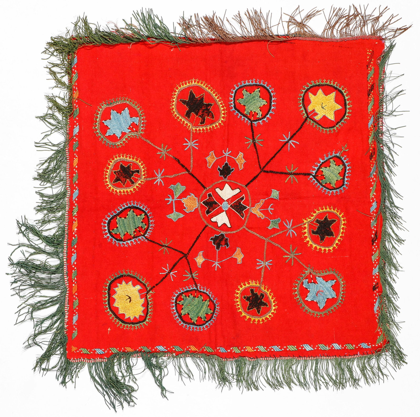 Kungrat Uzbek Embroidery, Late 19th C.: Kungrat Uzbek Embroidery, Late 19th C. Silk embroidery on wool. Size: 19.5'' x 20'' (50 x 51 cm).