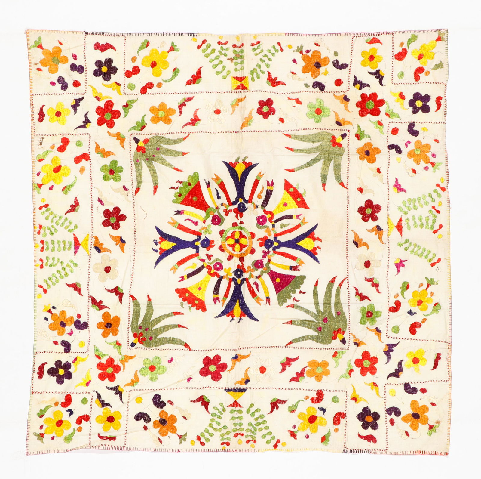 Silk Embroidered Coverlet (Rumal), India, Late 19th/Early 20th C. (1 of 2)