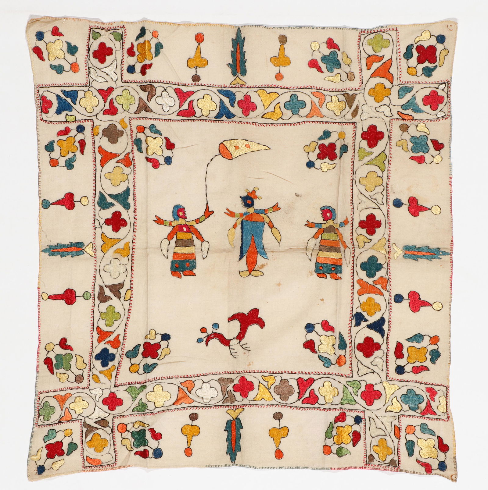 Indian Silk Embroidered Coverlet (Rumal), India, Late 19th/Early 20th C. (1 of 2)