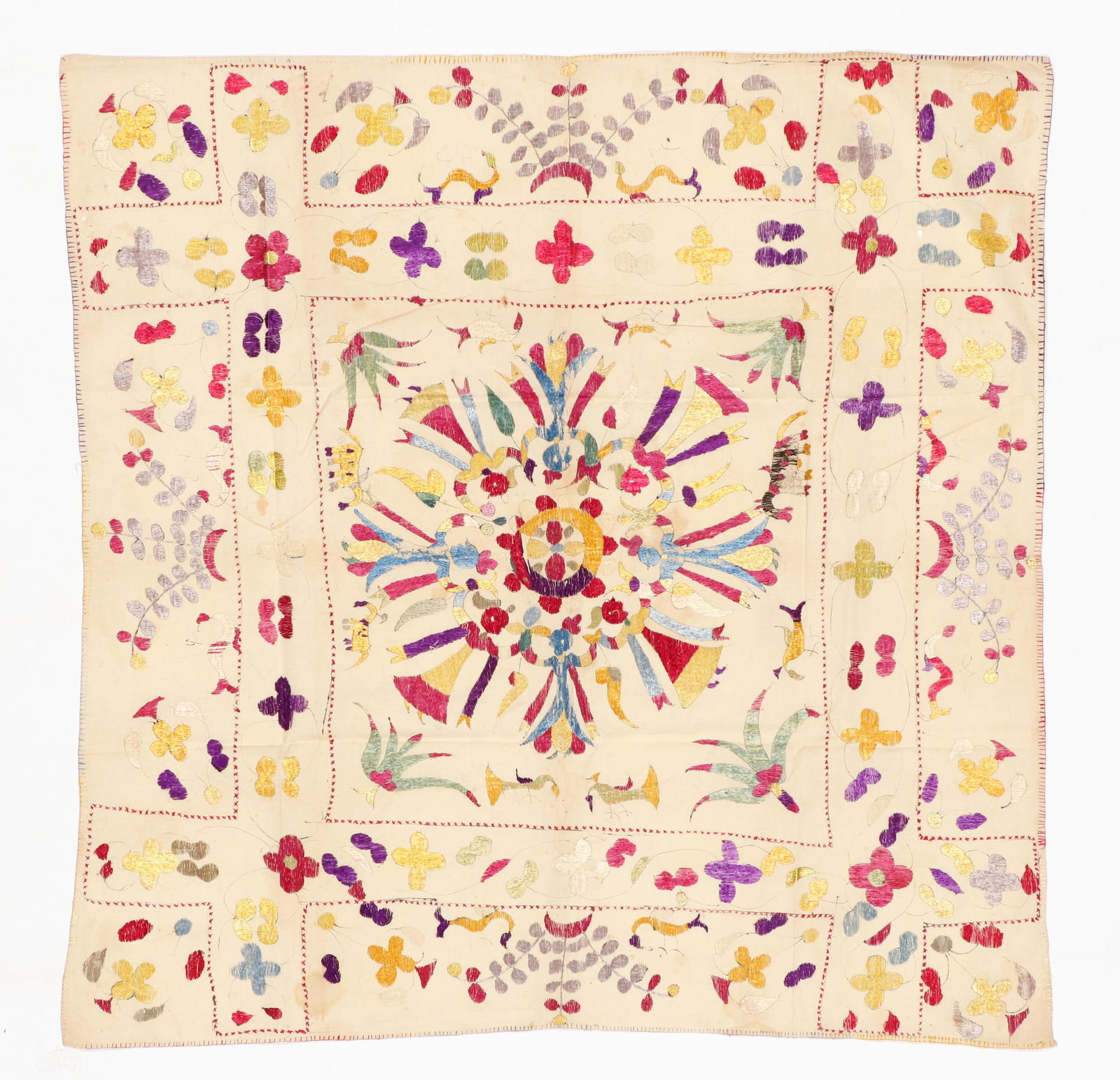 Silk Embroidered Coverlet (Rumal), India, Late 19th/Early 20th C. (1 of 2)
