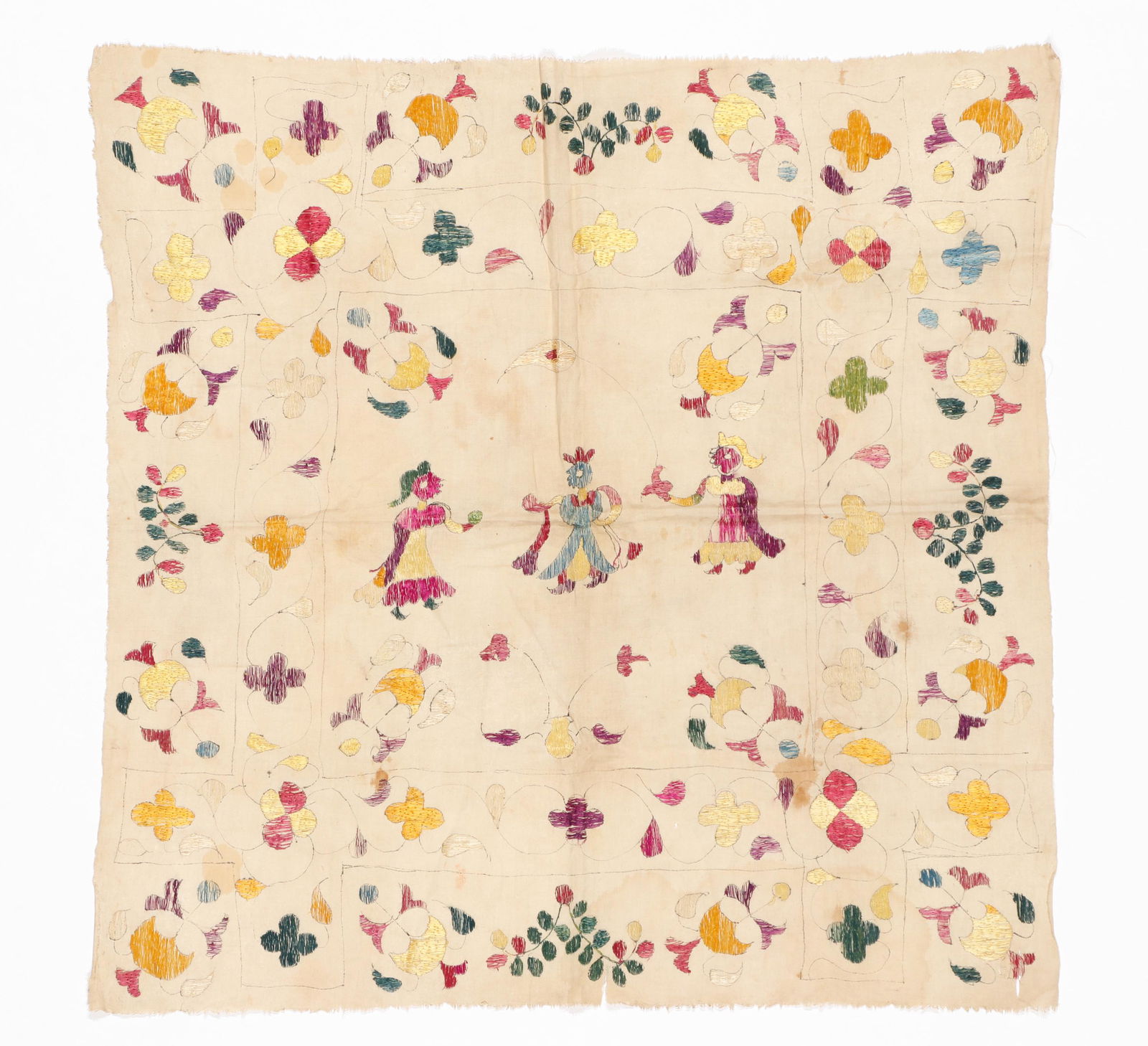 Silk Embroidered Coverlet (Rumal), India, Late 19th/Early 20th C. (1 of 2)