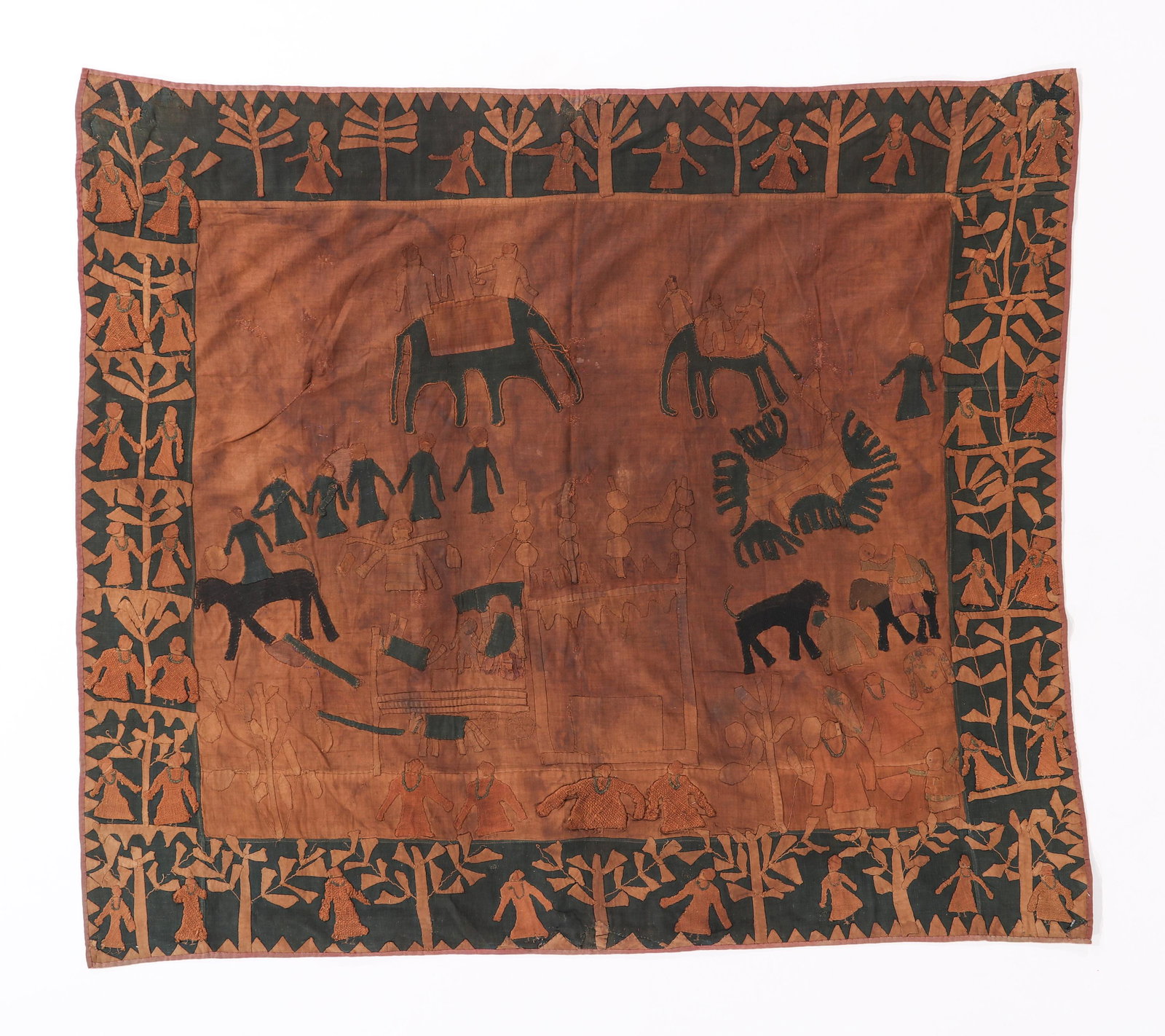 Kanduri Embroidered Textile With Applique, India, Early-Mid 20th C.: Kanduri Embroidered Textile With Applique, India, Early-Mid 20th C. Shrine cloth offered to the shrine of Salar Masud, Uttar Pradesh. Kanduri iconography often features a palace/temple, a wagon drawn 