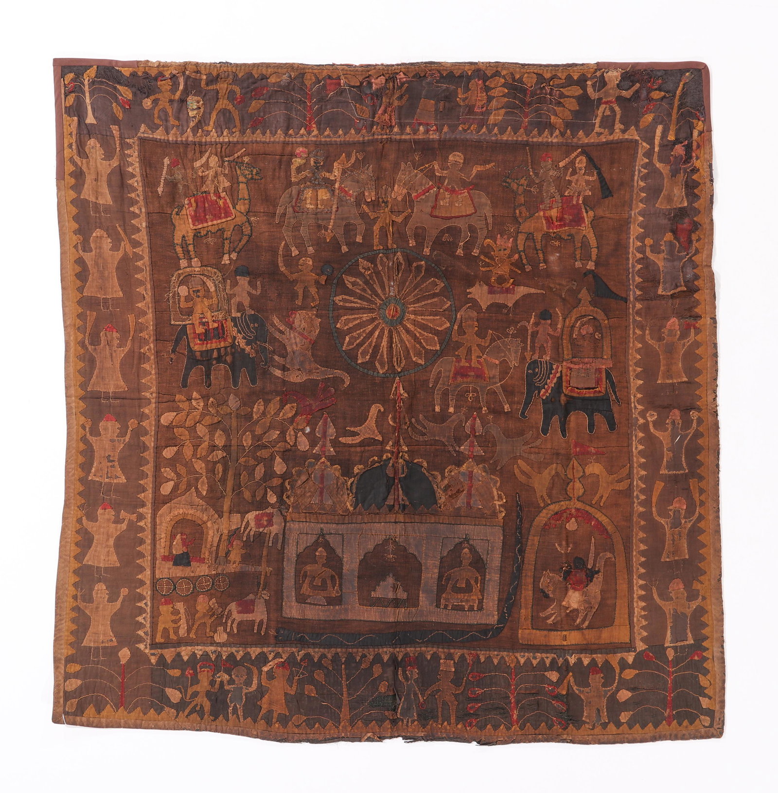 Kanduri Embroidered Textile With Applique, India, Early-Mid 20th C.: Kanduri Embroidered Textile With Applique, India, Early-Mid 20th C. Shrine cloth offered at the tomb of Salar Masud in Varley, Uttar Pradesh. Kanduri iconography often features a palace/temple, a wago