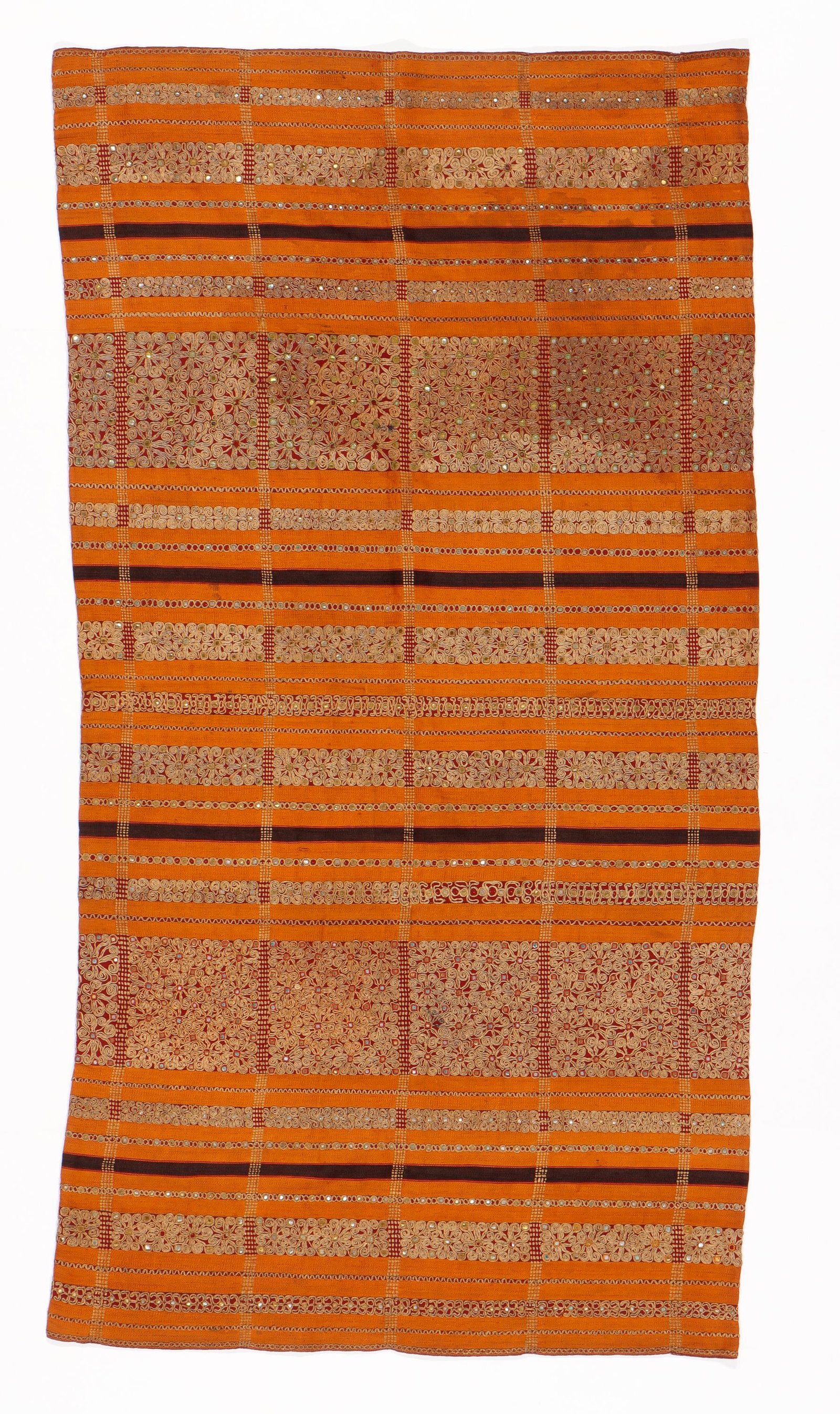 Ceremonial "Tapis Kaca" Woman's Tube Skirt, Lampung, Indonesia, Early 20th C.: Ceremonial "Tapis Kaca" Woman's Tube Skirt, Lampung, Indonesia, Early 20th C. Woven cotton and silk textile in gold, red and brown natural dyes and heavily decorated with embroidery and mica. Tapis ka