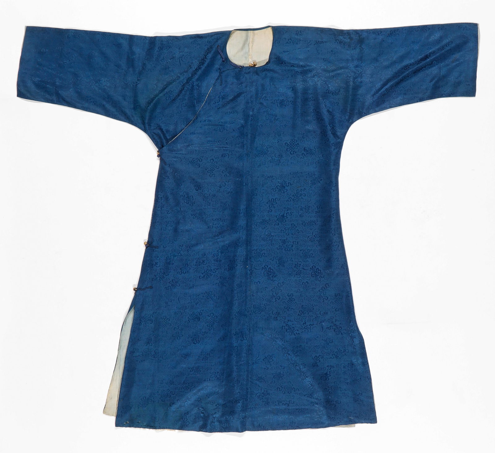 Chinese Blue Silk Damask Man's Robe With Gilt Brass Buttons, Qing D. (1 of 4)