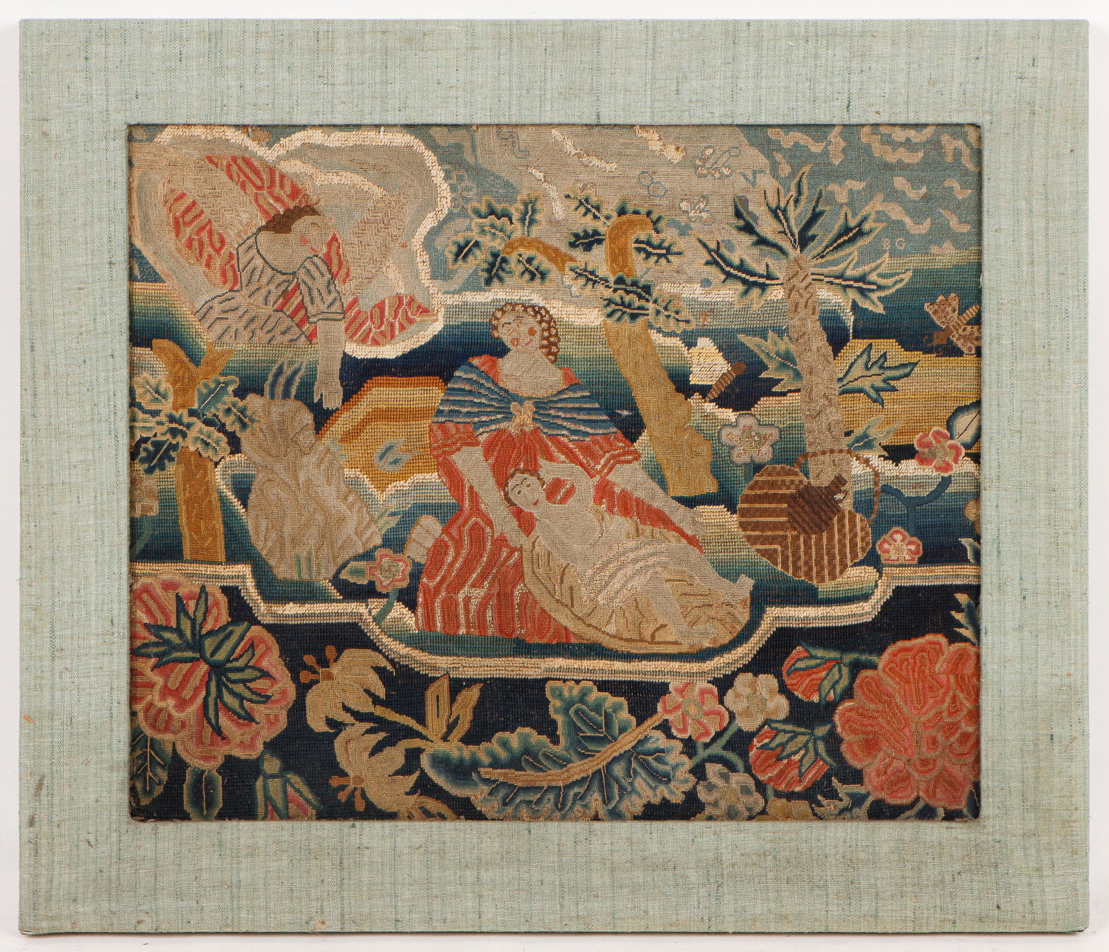 English Pictorial Needlepoint, 18th C.: English Pictorial Needlepoint, 18th C. An Angel Appearing Before Mary and the Infant Christ. Framed. Provenance: Bernheimer Munchen. Size: 18'' x 22'', 46 x 56 cm (sight); 23.75'' x 27.75'', 60 x 70 c