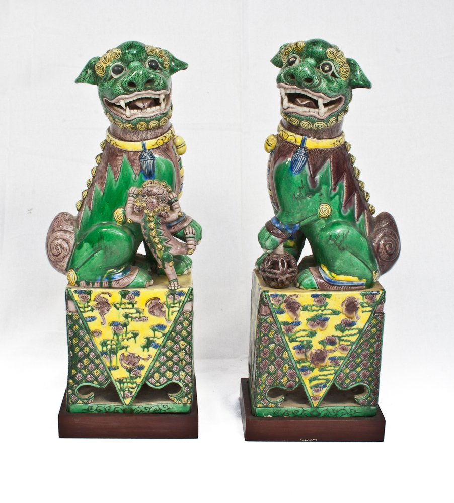 Fine Pair of Antique Porcelain Polychrome Foo Dogs: China, on stands, ht. 19”