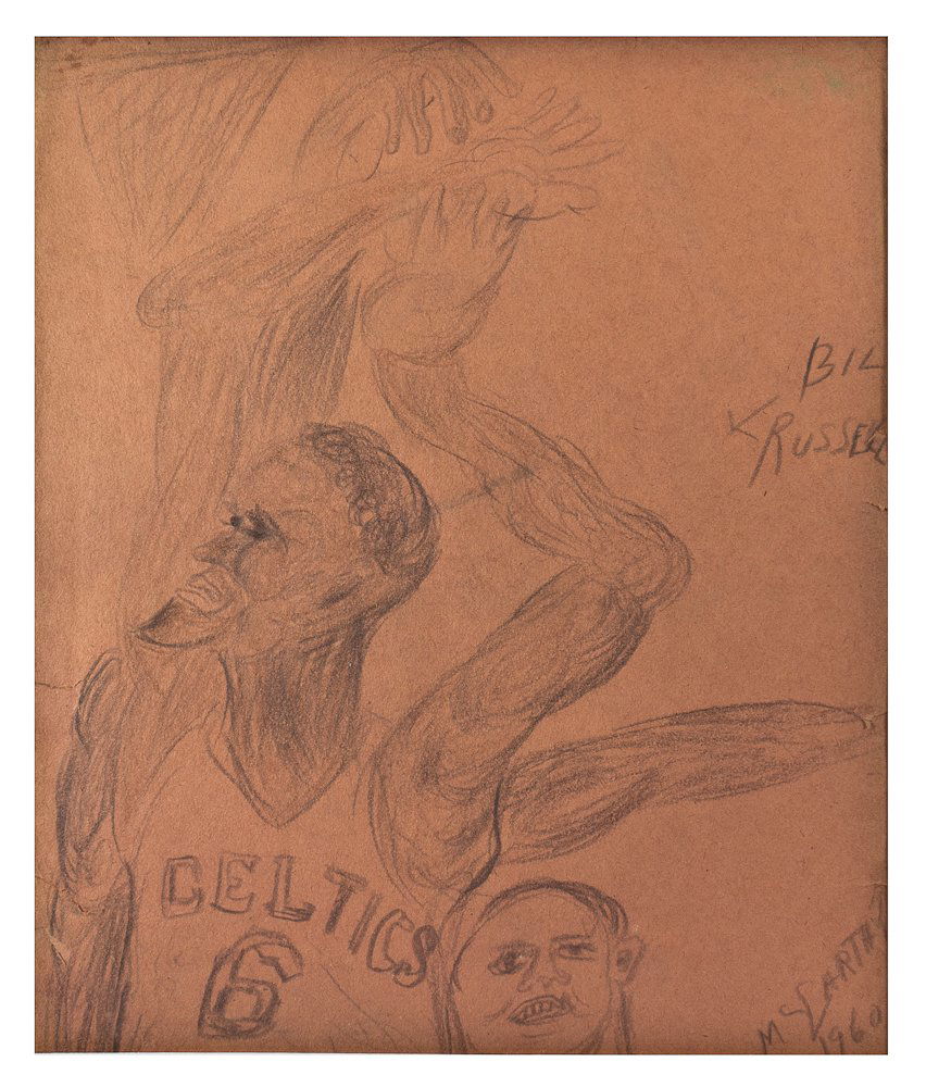 Justin McCarthy: American (1892-1977); “Bill Russel”, 1960; Pencil on paper, framed; Image: 10 ½” x 9”