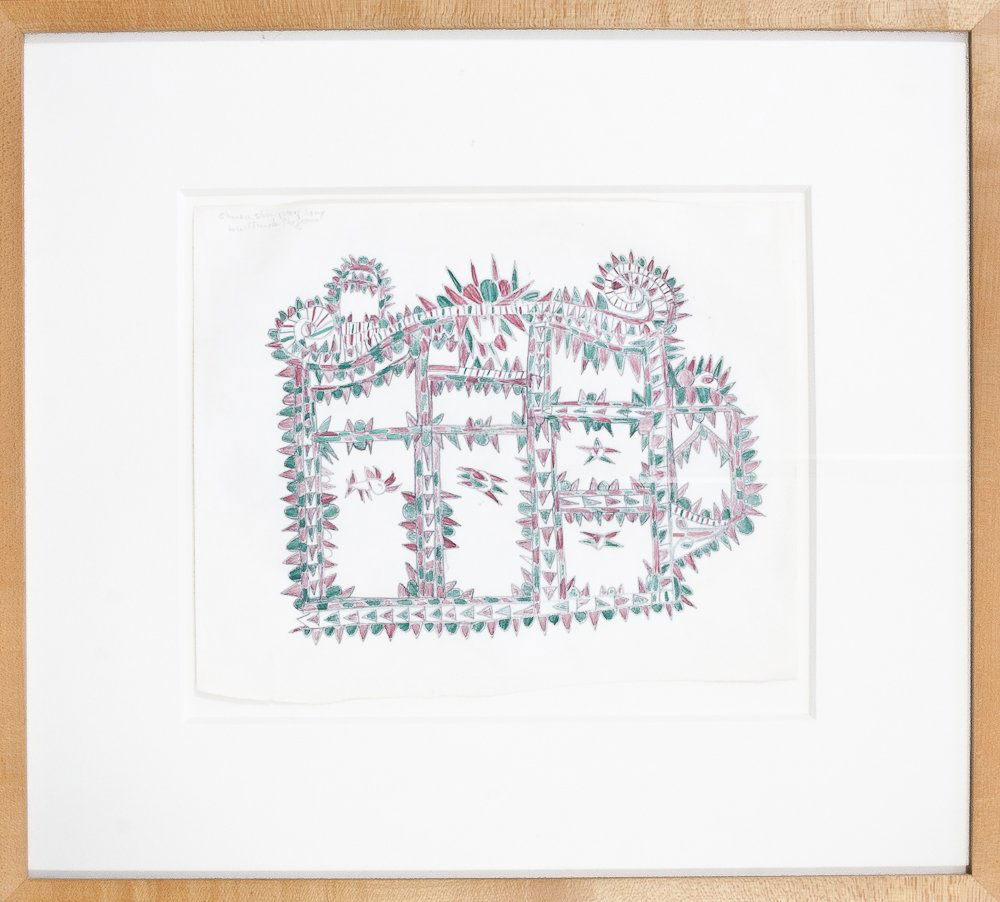 Frank Jones: American (1900-1969); “Chinese storm proof house built under the ground”; Colored pencil on paper, framed; Image: 8 ¾”x 10 ½”; Provenance: Janet Fleisher Gallery