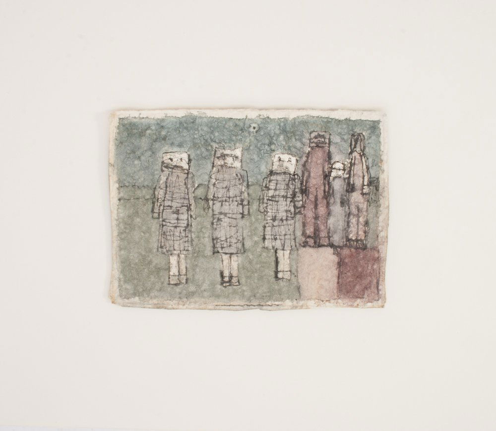 James Castle: American (1899-1977); Untitled (Five Figures); Found paper, soot, color of unknown origin, framed; Image: 4 ¾” x 6 ¾”; Provenance: J Crist Gallery