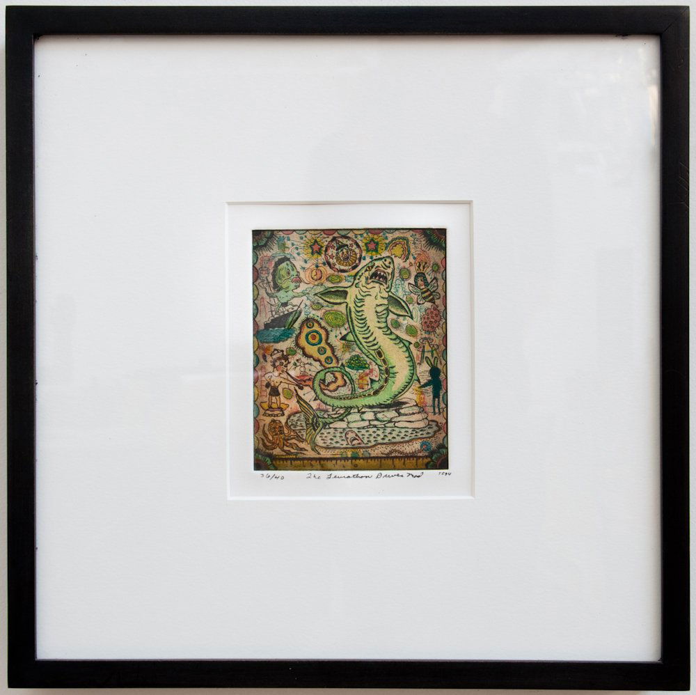 Tony Fitzpatrick: American (1958); “The Leviathon Driven Mad”; 1994;5 color etching (36/40), framed; 5” x 4” (12” x 12” paper size); Provenance: Janet Fleisher Gallery