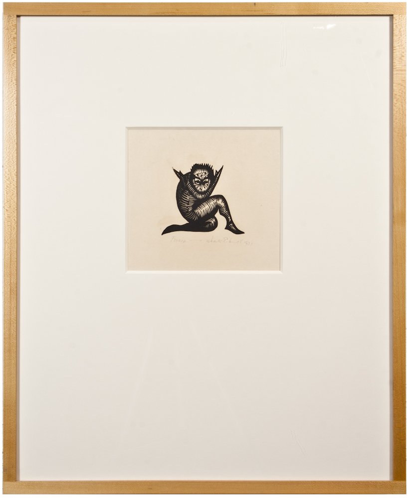 Wharton Esherick: American (1887-1970); “Froein”; Woodblock print; Signed, titled, and dated 1931 in pencil; Image page: 6” x 6 ¾”; Frame: 21 ¼” x 17 ½”; Provenance: Moderne Gallery