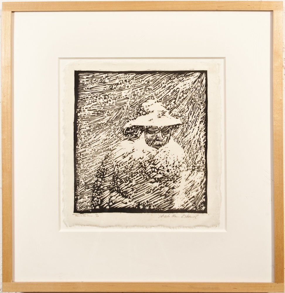 Wharton Esherick: American (1887-1970); “The Man in the Snow”; Woodblock print; Signed, titled, and numbered in pencil 37/40; Image page: 9 ¾” x 9 ¼”; Frame: 17 ¼” x 16 ½”; Provenance: Moderne Gallery