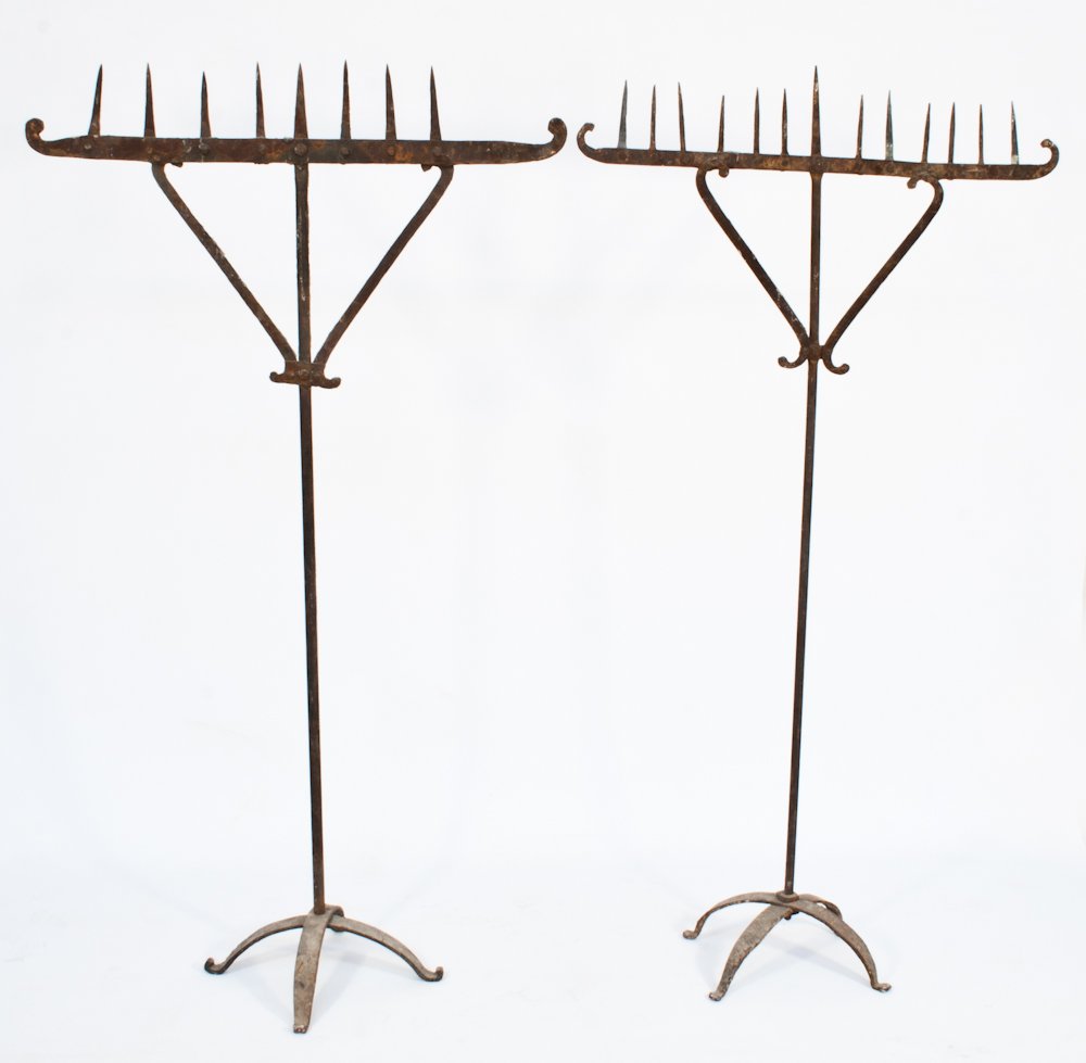 Pair of Wrought Iron Church Candle Stands: Syria, 16th c. or earlier; Height: 60”