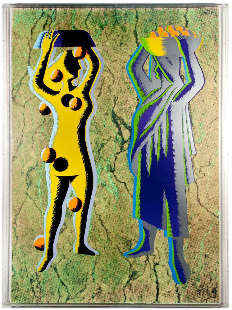 MARK KOSTABI: American, born 1960; Two figures with fruit; Color serigraph, 43” by 30”; Encased in a plexiglass frame; Signed lower right, numbered 2/50