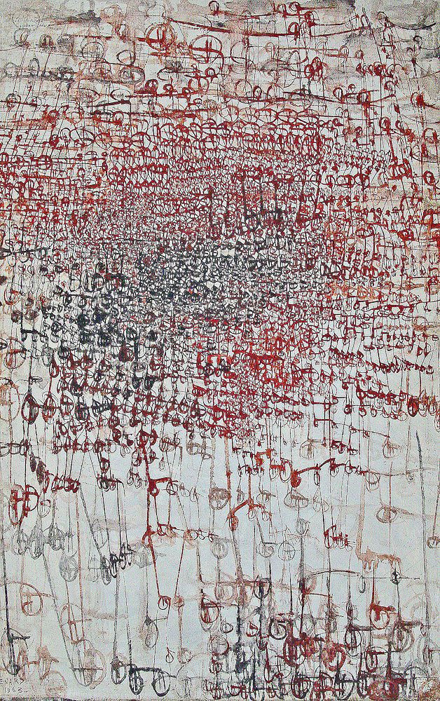 Andre Enard: (French, 1926-2010); “Manucrit/ocre-rouge, no.6”; Oil on canvas, 40” X 26”; Signed and dated lower left: “Enard 1963”; Titled and signed on reverse; Studied with Fernand Leger; part of abs