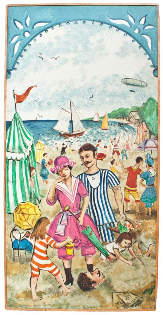 Leonard Pytlak Mural: (American, born 1910); Series of three: Beach Scene/Forms of Travel/Can Can; Oil on board; Signed “Pytlak” on Beach Scene; Dimensions of each panel: 96”x48” (total size: approx 96”x144”);