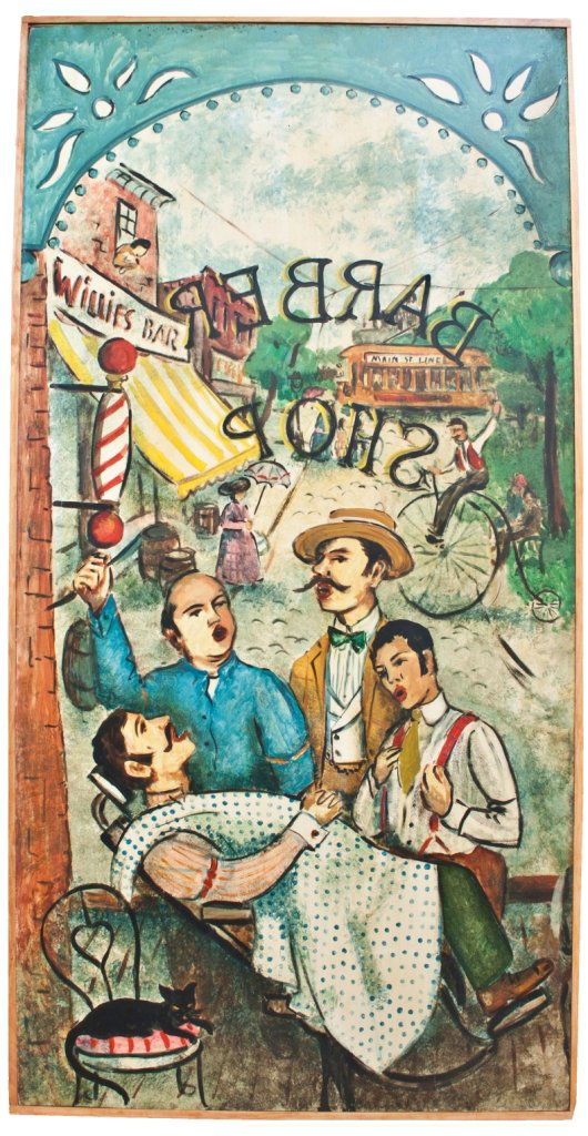 Leonard Pytlak Mural: (American, born 1910); Series of three: Barbershop Quartet/Boxing/Baseball; Oil on board; Signed “Pytlak Guilty” in Boxing Scene; Dimensions of each panel: 96”x48” (total size: approx 96”x14