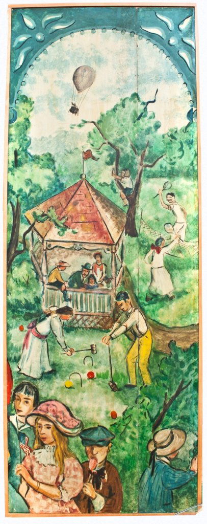 Leonard Pytlak Mural: (American, born 1910); Series of five: Acrobats/Circus Band/Croquet/Serenading/Fire Dept.; Inscribed “Manor Inn Gay Ninety Room” in Circus Band Scene; Oil on board; Dimensions of each panel: appro