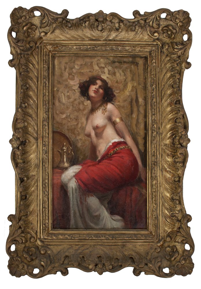 Allan Douglas Davidson: R.O.I., R.B.A. (1873-1932); Nude; Oil on board, framed, signed “Allen Davidson” upper right; Image: 12 ½” x 7”