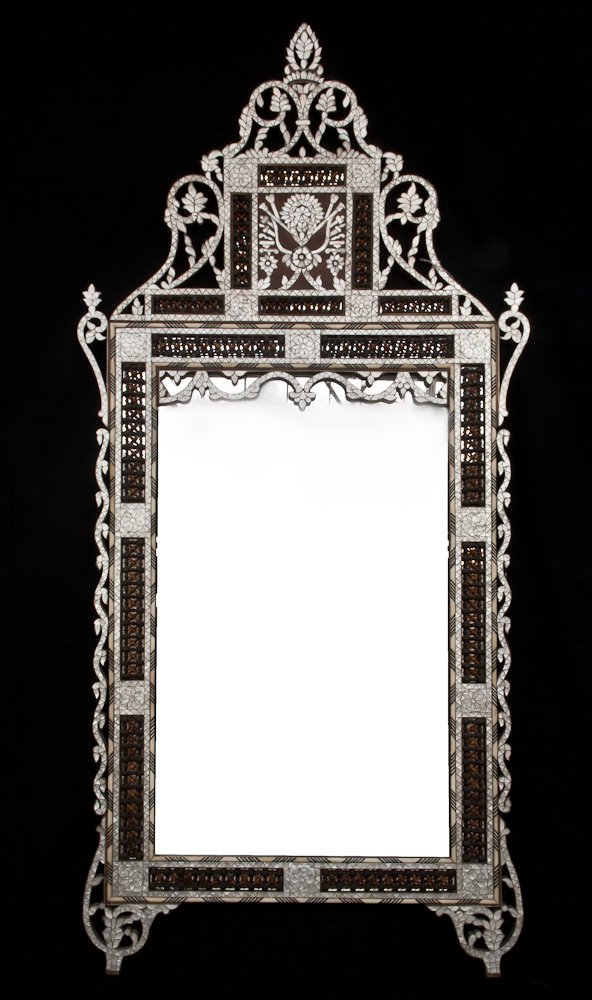 Syrian Mother-Of-Pearl Inlaid Walnut Mirror: inscription in Ottoman Turkish, 19th c. 78” x 36”