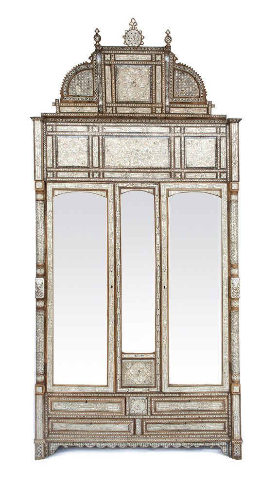 Outstanding Syrian Mother-Of-Pearl Cabinet: Mother-Of-Pearl and Bone Inlaid. Walnut.mirrors, late 19th c, Height: 118” Width: 61 ½” Depth: 22 ½”