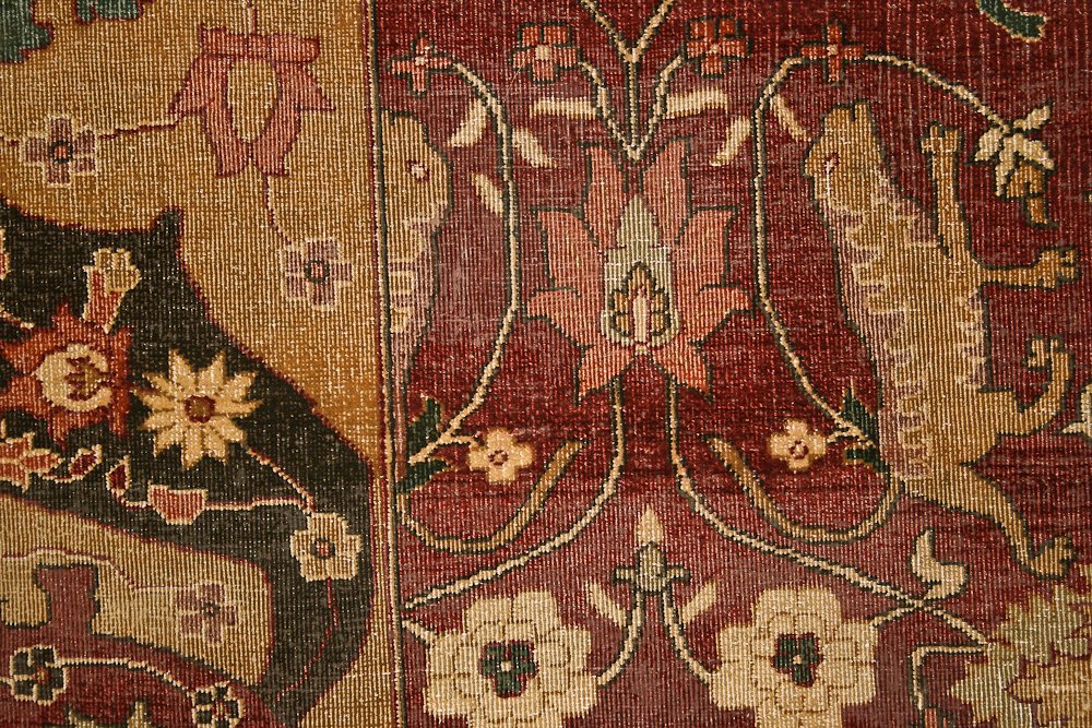 Agra Carpet: India, modern, very worn condition, repairs, missing ends, tinting, 8’11”x12’4”