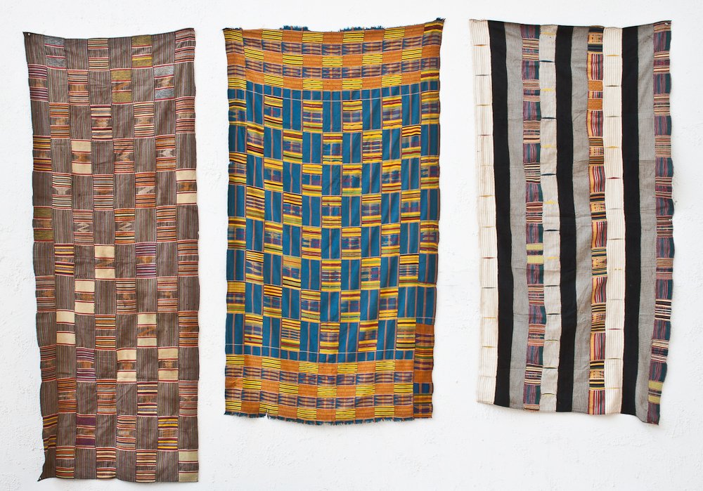 Three Ewe and Kente Cloths: Ghana, early to mid 20th c, sizes: approx 3’x5’; 3’2”x5’11”; 2’7”x6’8”