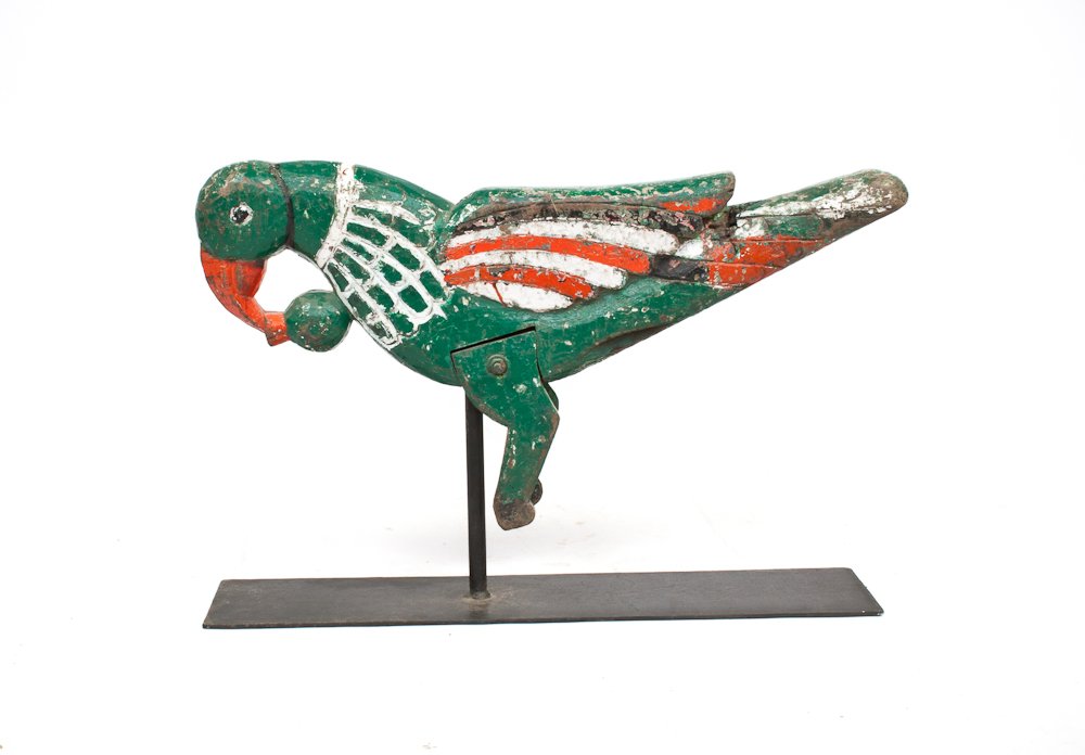 Carousel Ride, India, mid 20th century: Carved Polychrome Wood Parrot, scuffs, damages. Height with stand: 20”