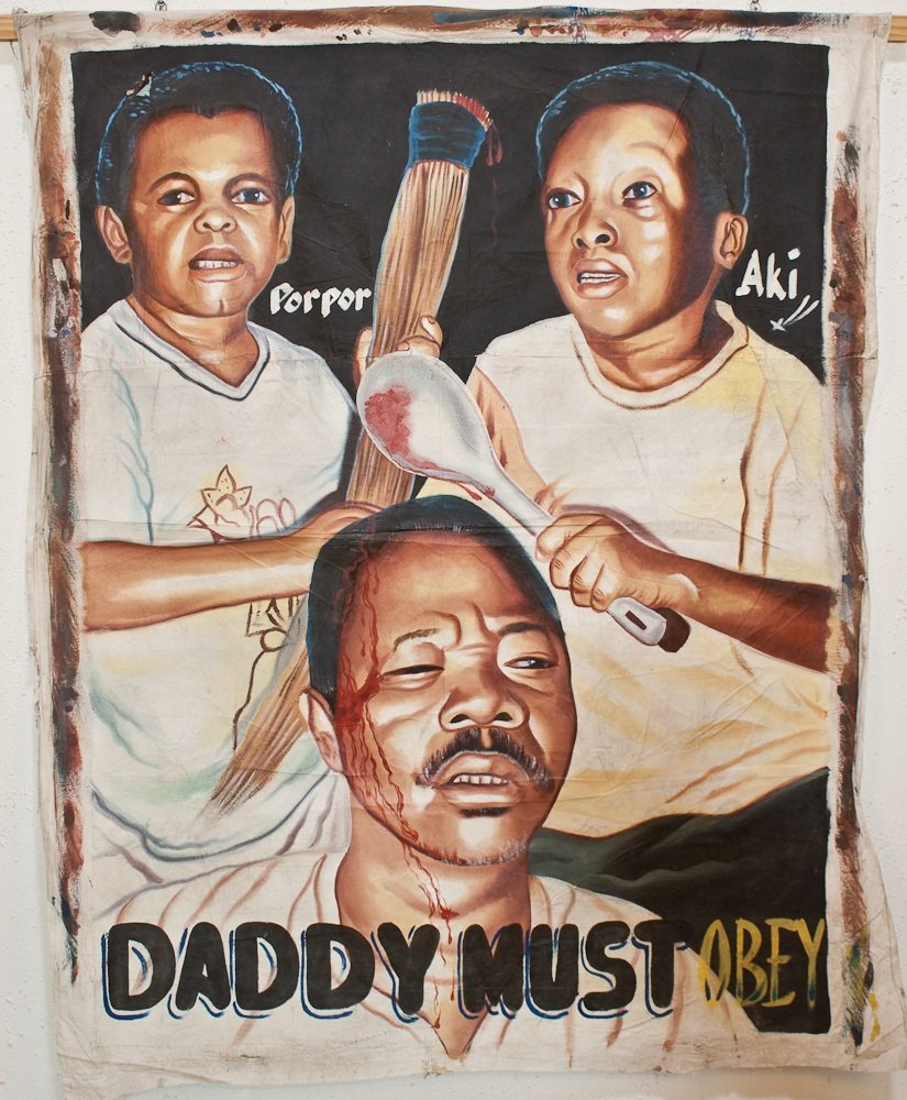Four Vintage Hand Painted Movie Posters: Ghana. Paint on unframed canvas: “Dracula 3000”—52” x 47”.“Daddy Must Obey”—56” x 45”.“Queen of Heaven”—63” x 40”.“The Witches….”—46” x 40”