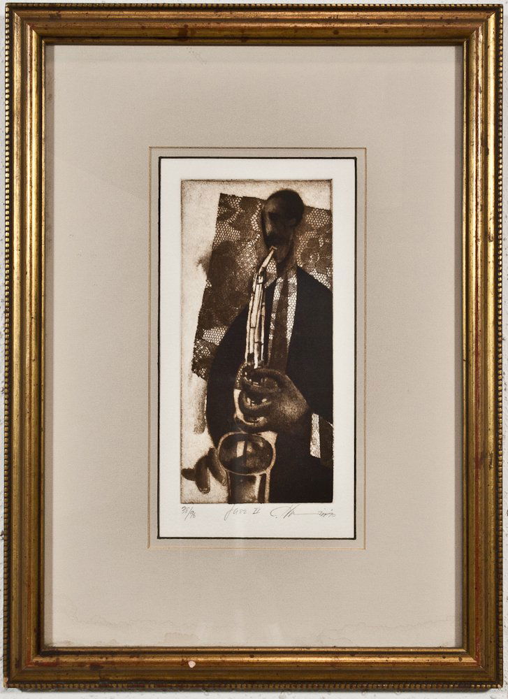 JOSEPH DEWEESE HOLSTON: American, born 1944; 3 etchings; sax player, the group, the singer, Various sizes, framed