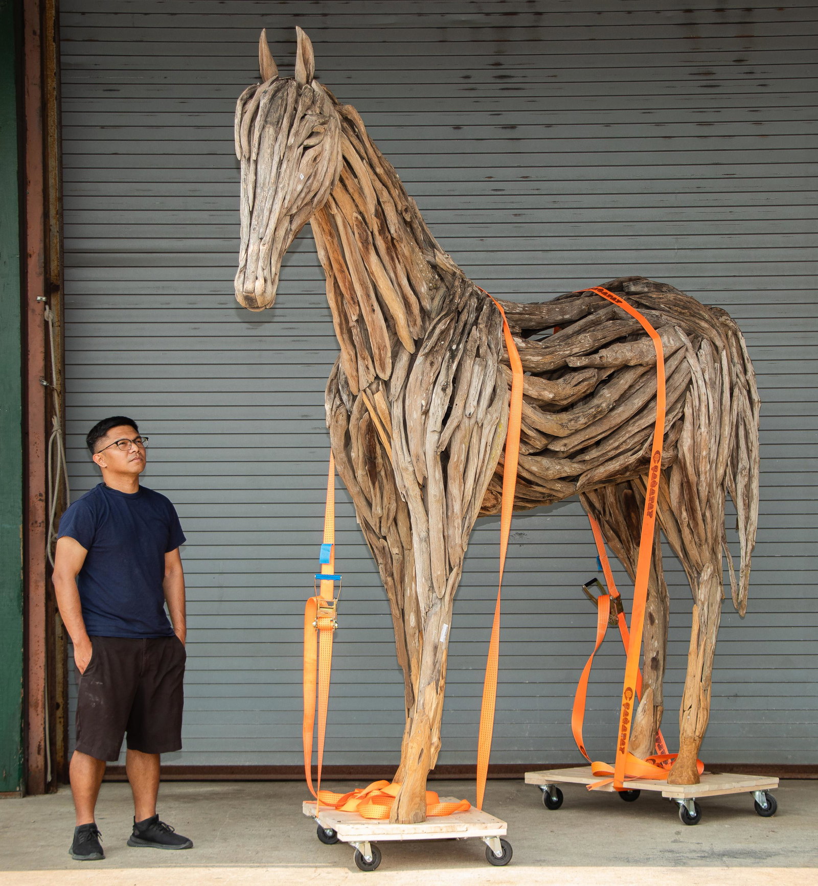 Gigantic Teak Chip Horse Sculpture: Gigantic Teak Chip Horse Sculpture. Height: 9'1" (277 cm).