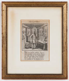 Antique German Engraving, 18th C.: Antique German Engraving, 18th C. "Spiegel Narr" (Mirror Fool), Attributed to Johann Christoph Weigel (1709-1782). Framed. Size: 5'' x 7'', 13 x 18 cm (sight); 13'' x 11.25'', 33 x 29 cm (frame). Prov