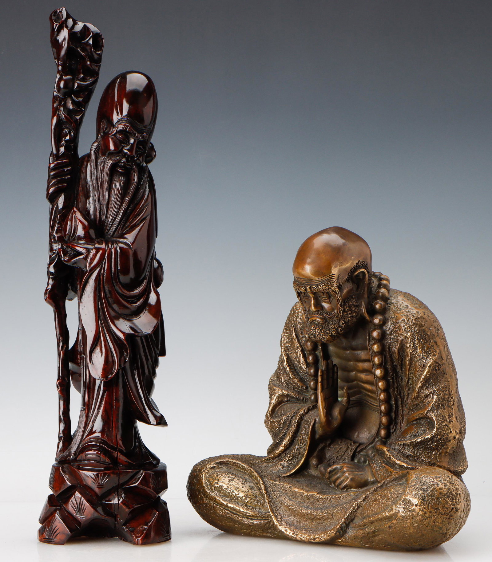 Chinese Bronze Seated Immortal Figure and Carved Wood Figure of Fukurokuju (1 of 10)