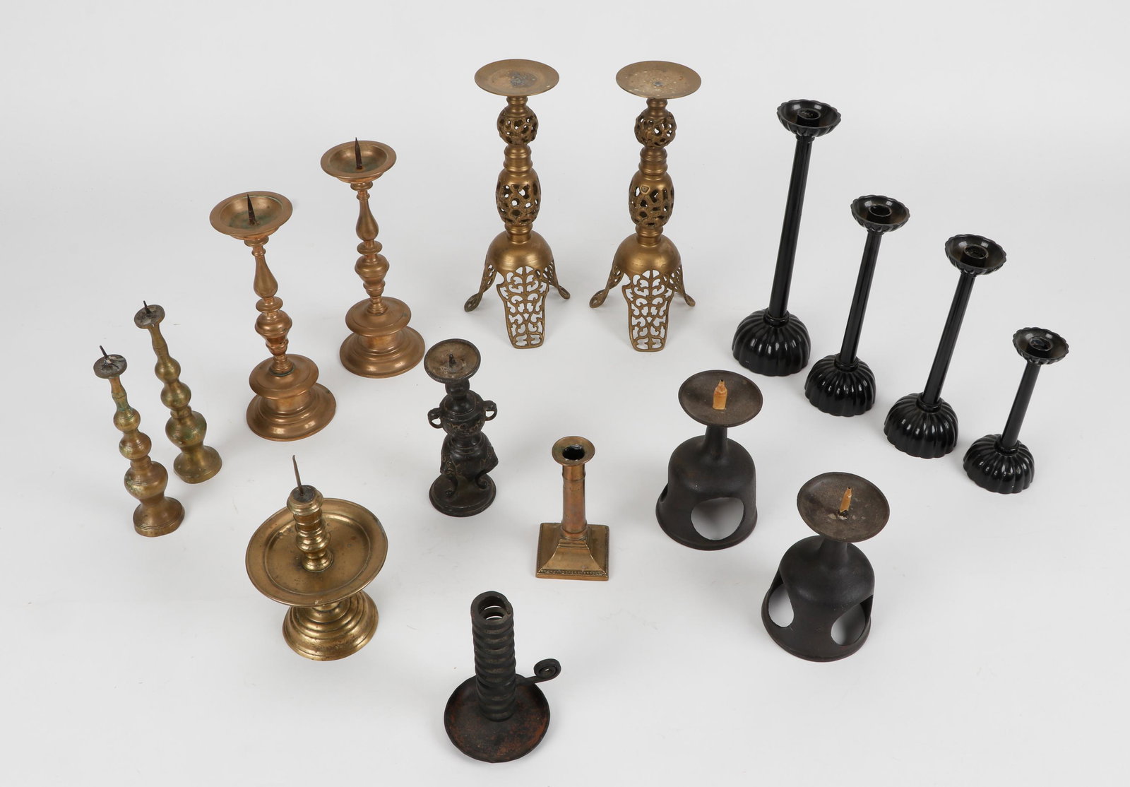 Collector's Lot of Assorted Brass, Iron and Japanese Lacquer Candlesticks (1 of 4)