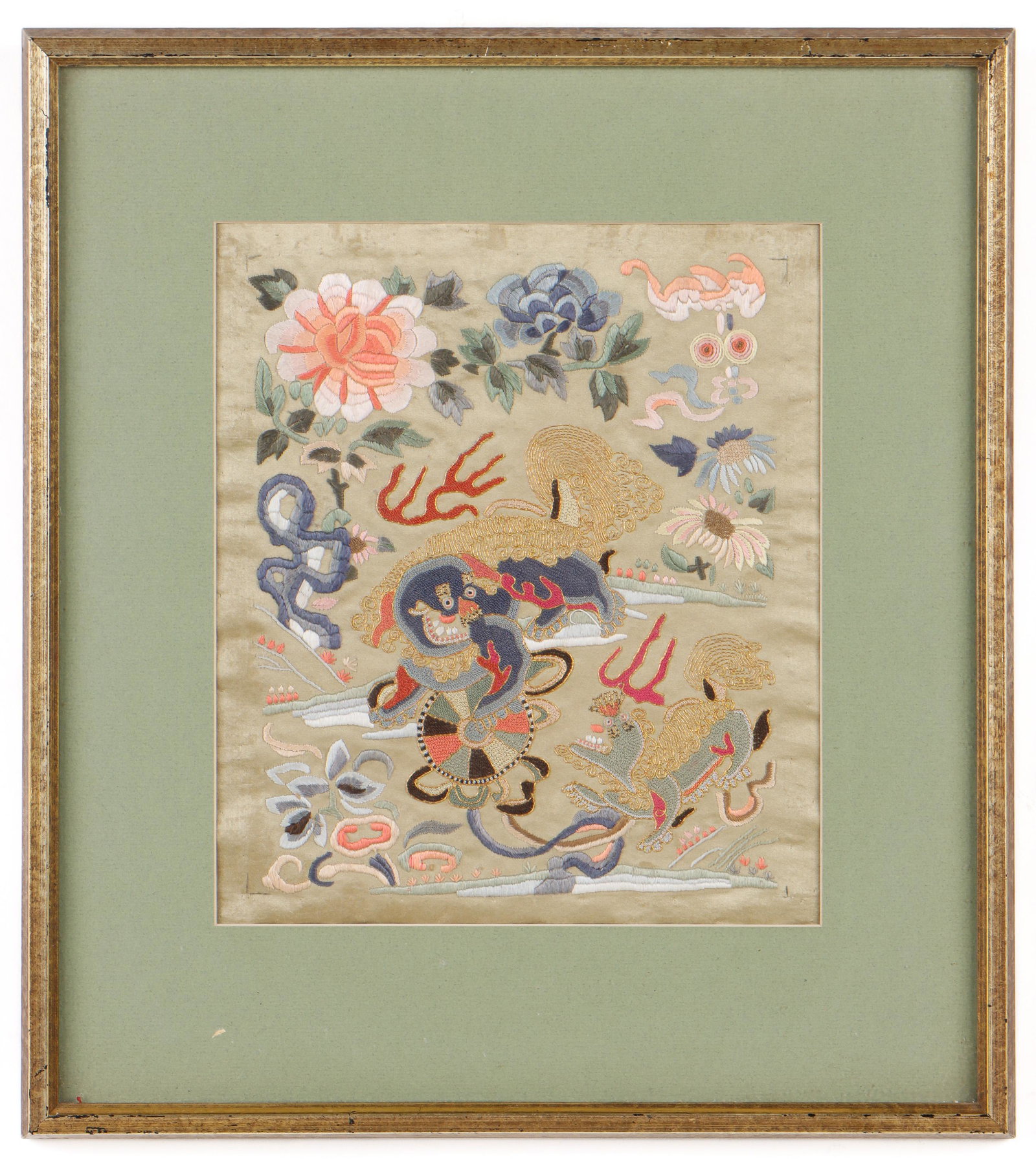 Chinese Silk Embroidered Panel with Fu Lion and Flowers, Qing D.: Chinese Silk Embroidered Panel with Fu Lion and Flowers. Forbidden stitch on Lion. Framed. Size: 11.5'' x 10'', 29 x 25 cm (sight); 18.5'' x 16.5'', 47 x 42 cm (frame)