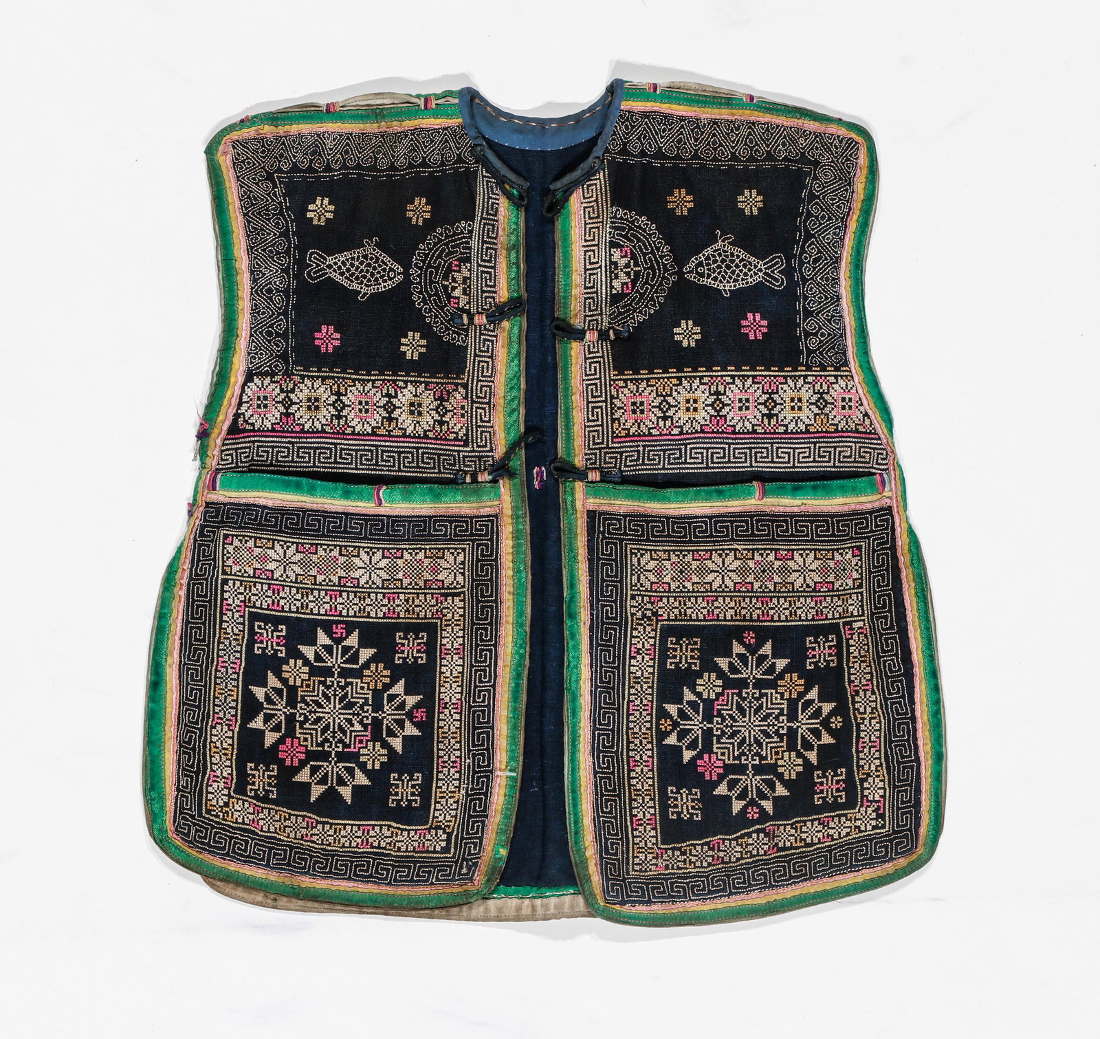 Miao Embroidered Child's Vest, Huaxi, China, Mid 20th C.: Miao Embroidered Child's Vest, Huaxi, China, Mid 20th C. Cotton with applique and cross stitch embroidery. Size: 14.5'' x 12'' x '' (37 x 30 x cm).