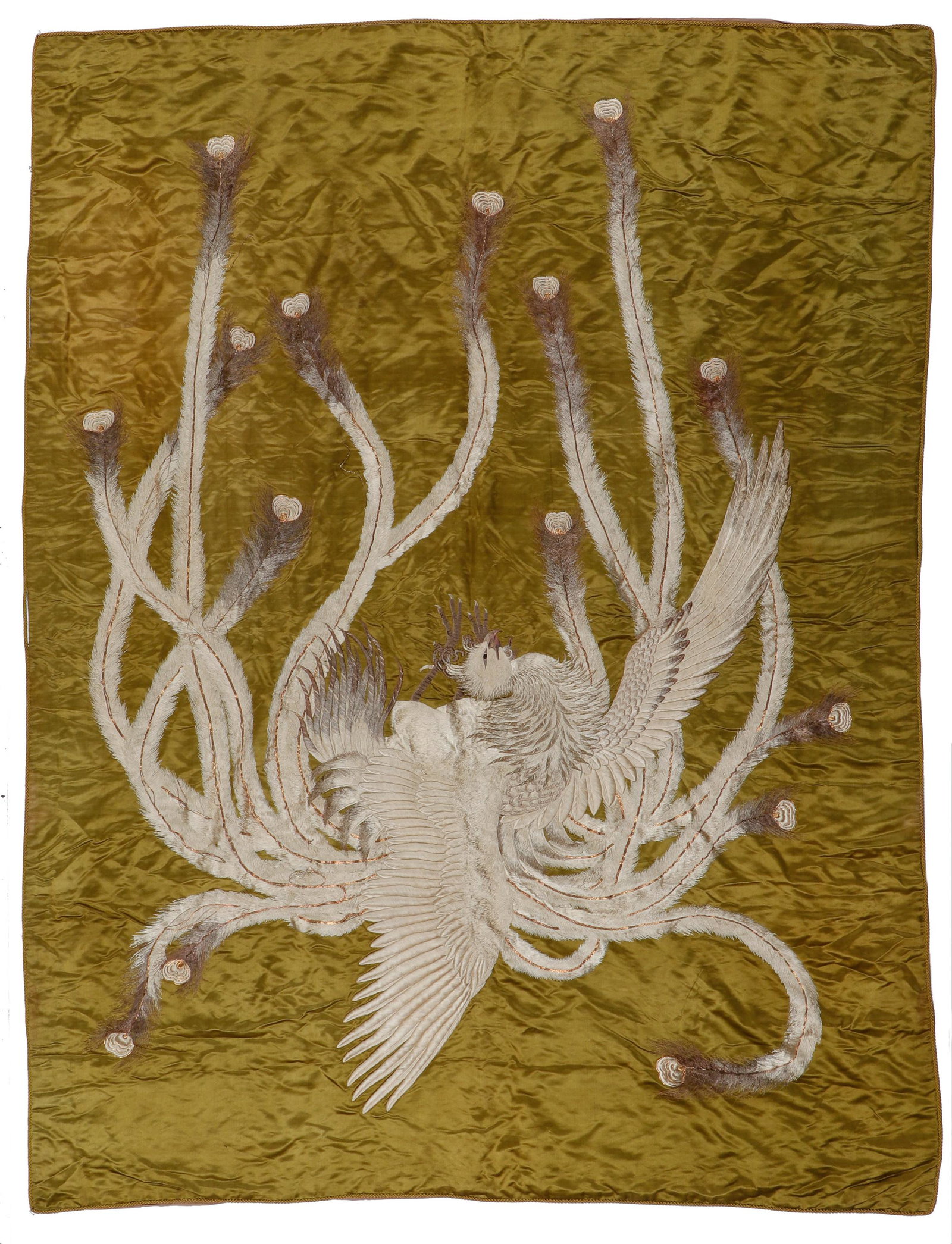 Large Japanese Silk Embroidered Phoenix Textile: Large Japanese Silk Embroidered Phoenix Textile. 7'7'' x 5'9'' (231 x 175 cm).