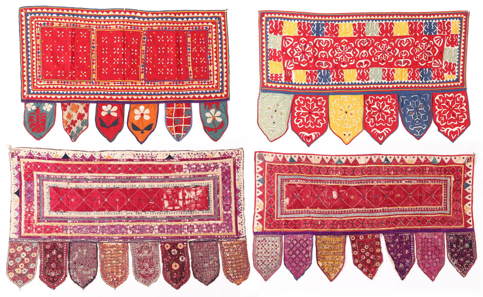 4 Finely Stitched Embroidered AppliquÃ© Cotton Toran/Valance, India, Mid 20th C.: 4 Finely Stitched Embroidered Applique Cotton Toran/Valance, India, Mid 20th C. Size: 1) 3'10'' x 2'5'' (117 x 74 cm). 2) 3'11'' x 2'5'' (119 x 74 cm). 3) 4'1'' x 2'5'' (124 x 74 cm). 4) 4'7'' x 2'8''