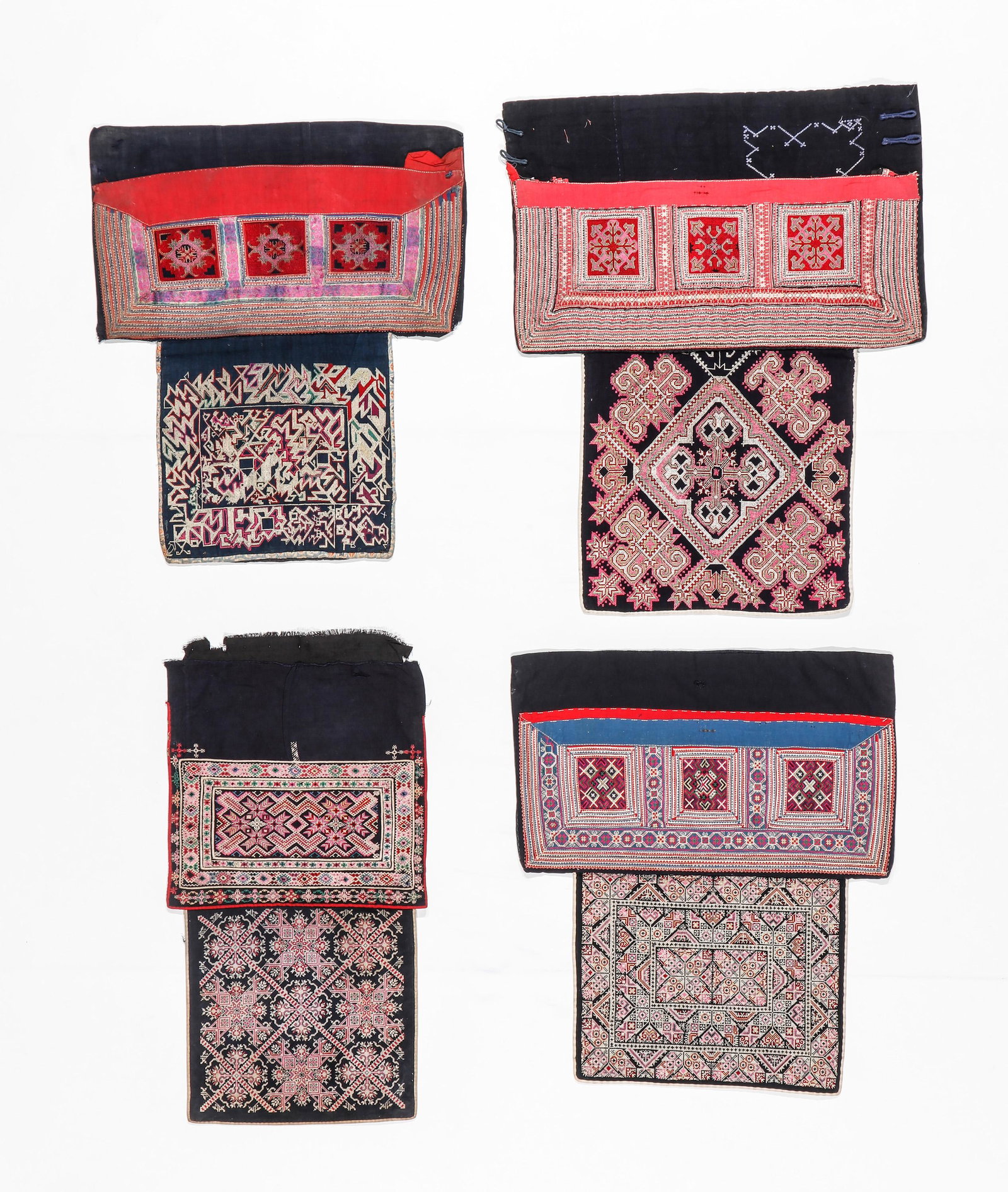 4 Miao Embroidered Baby Carriers, China, Early-Mid 20th C.: 4 Miao Embroidered Baby Carriers, China, Early-Mid 20th C. Size: Ranging from: 14'' x 22'', (36 x 56 cm) to 27'' x 29'', (69 x 74 cm).