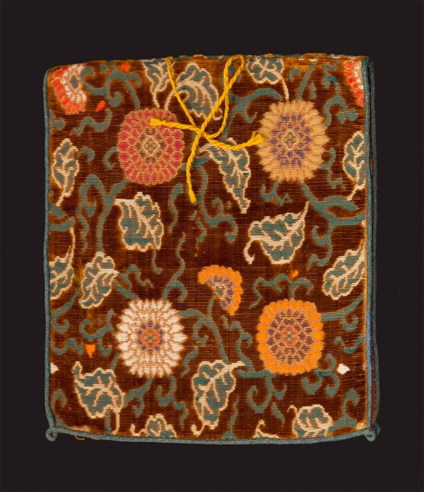 Ming Silk Velvet Textile: Ming Silk Velvet Textile - China/Tibet, Ming d, double sided brown silk velvet pouch with orange and red floral pattern, folded in half. Prov: Bill Liske Dimensions: Open: 10"x20"