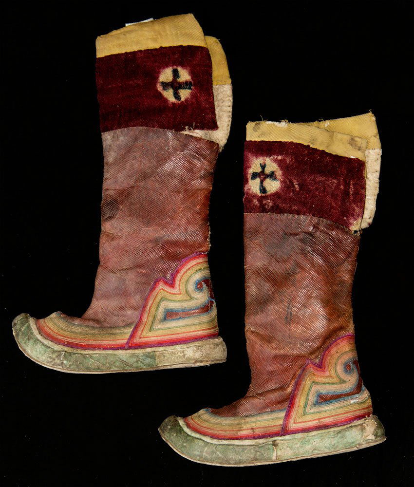Pair of Tibetan Boots: Pair of Tibetan Boots - Tibet, 19th-early 20th c, wool, leather. Prov: Bill Liske Dimensions: 1'1" wide x 1'7" tall (33 cm x 48 cm)