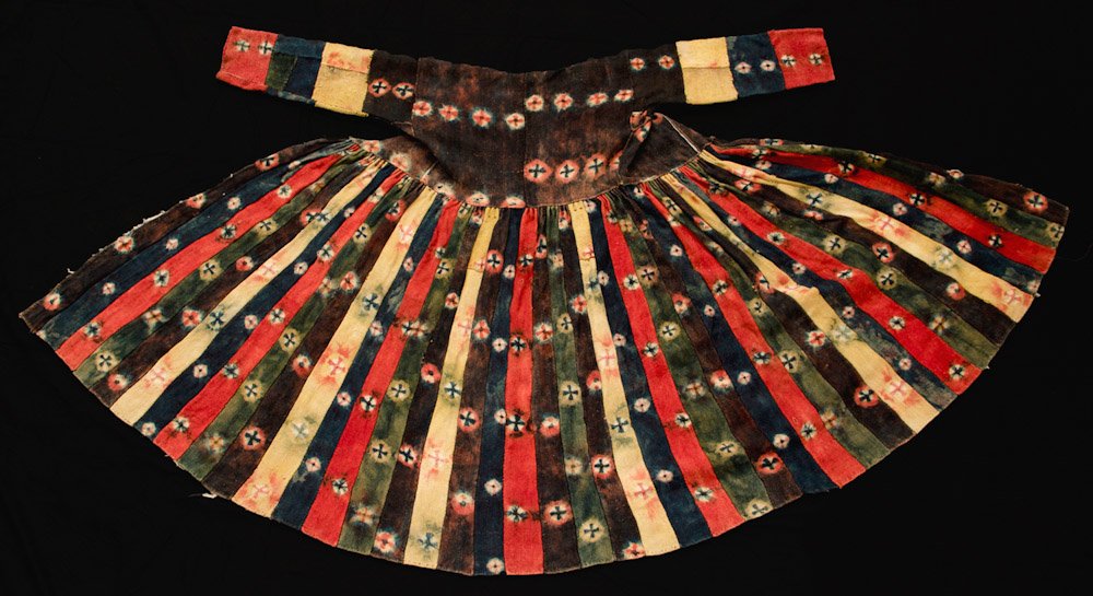 Nomad Woman's Dress: Nomad Woman's Dress - Tibet/Ladakh, 19th c, Chang Tang Plateau, nomad woman's dress with multi-colored tie-dye tigma crosses. Literature: HALI magazine, issue 169, Tom Cole, "Tale From the Hills". Pro