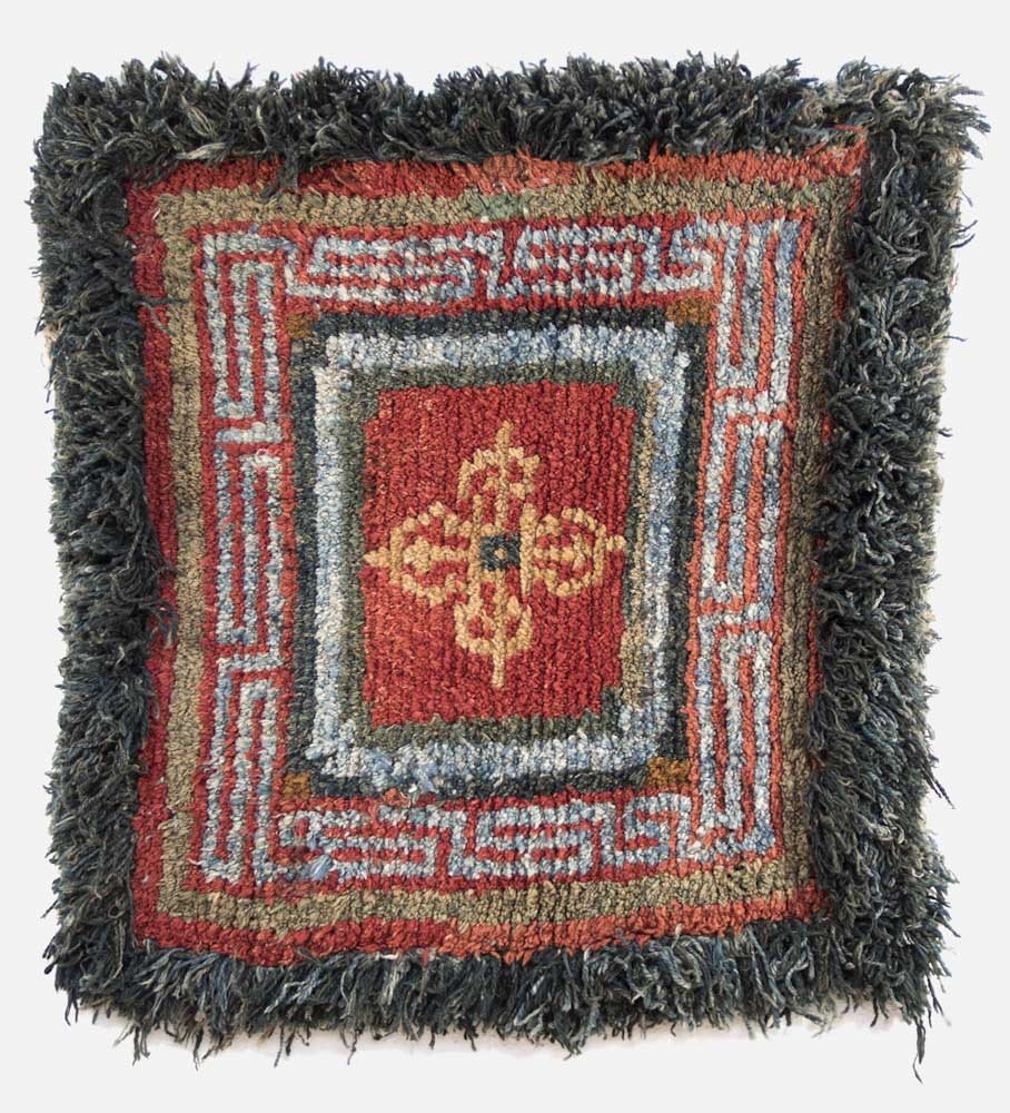 Tibetan Meditation Rug: Tibetan Meditation Rug - Tibet, 19th c, red field with gold crossed dorje, warp face back khagangma lama's meditation rug. Literature: HALI magazine, issue 169, Tom Cole, "Tale From the Hills" Dimensi