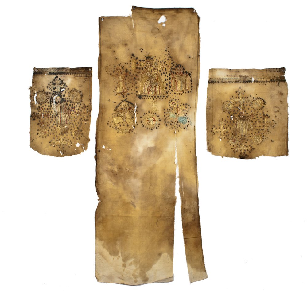 Three Early Christian Textiles: Three Early Christian Textiles - 16th c or earlier? Silk floss on cotton ground, oxidized metal thread. Dimensions: 11" wide x 1'4" tall (28 cm x 41 cm)