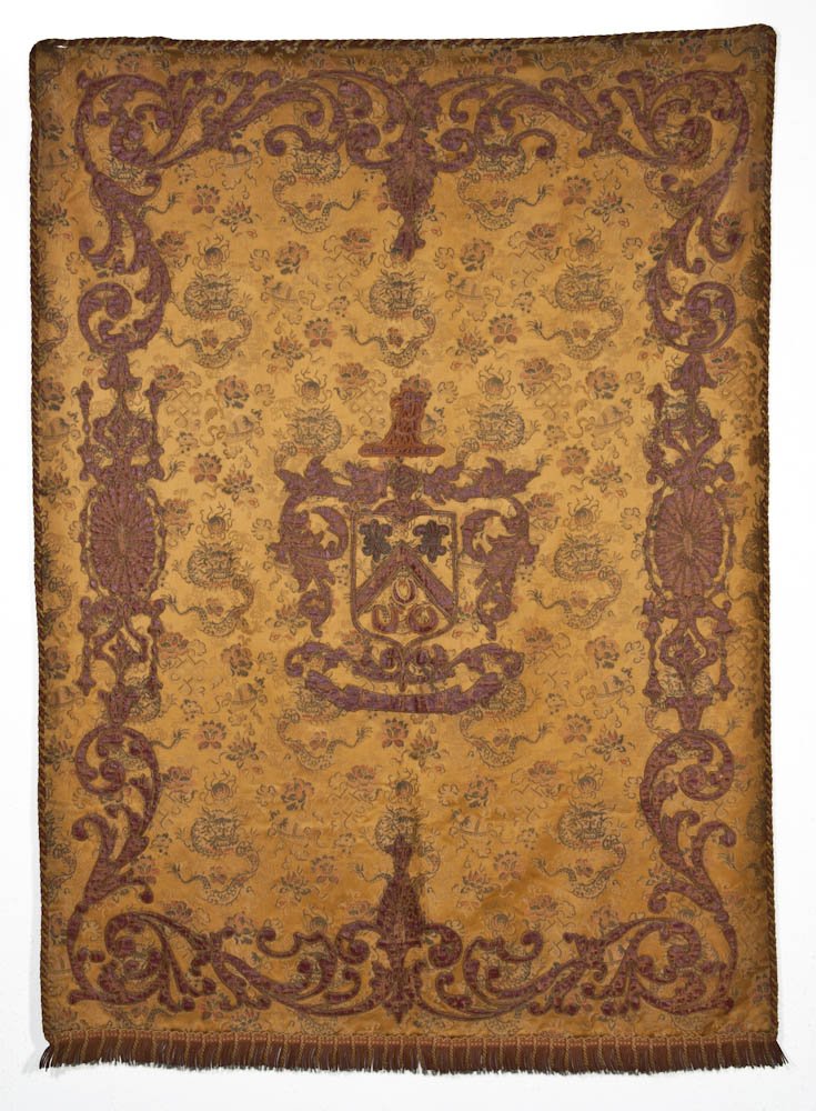 Continental Silk and Leather Embossed Coat of Arms: Continental Silk and Leather Embossed Coat of Arms - Possibly Florentine, 18/19th c or earlier, silk Chinese ground cloth, raised leather embossed areas, metal thread, European coat of arms with three