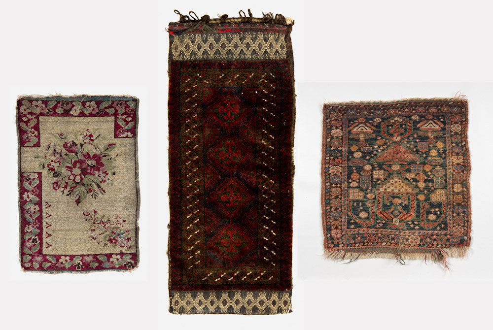 Three Small Rugs: Three Small Rugs - 19th-early 20th c: Turkish Kirshehir sampler, NW Persian bagface, Baluchi balisht(complete). Dimensions: 1'6"x2'3",1'6"x1'6",1'6"x3'6"