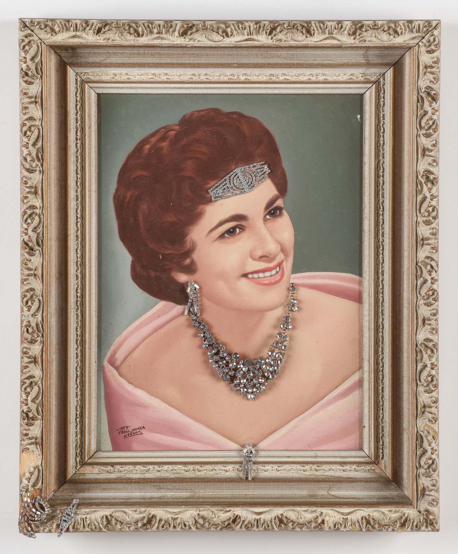 Portrait of a Lady Assemblage Painting: Portrait of a Lady Assemblage Painting, mixed media, oil on canvas with collage of jewelry. Mid century frame. Size: 16'' x 12'', 41 x 30 cm (stretcher); 22'' x 18'', 56 x 46 cm (frame). Provenance: I