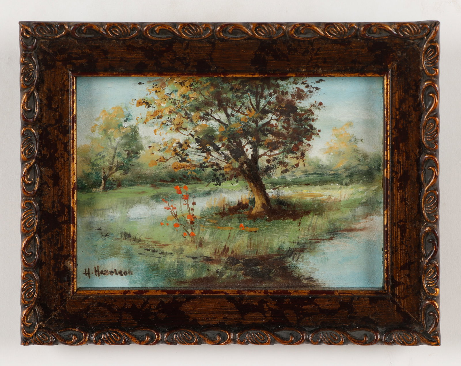 H. Harrison (American, 20th century) Landscape with Tree: H. Harrison (American, 20th century) Landscape with Tree, oil painting on board, signed. Framed. Size: 5'' x 7'', 13 x 18 cm (board); 7'' x 9'', 18 x 23 cm (frame). Provenance: Ilene Wood Collection.