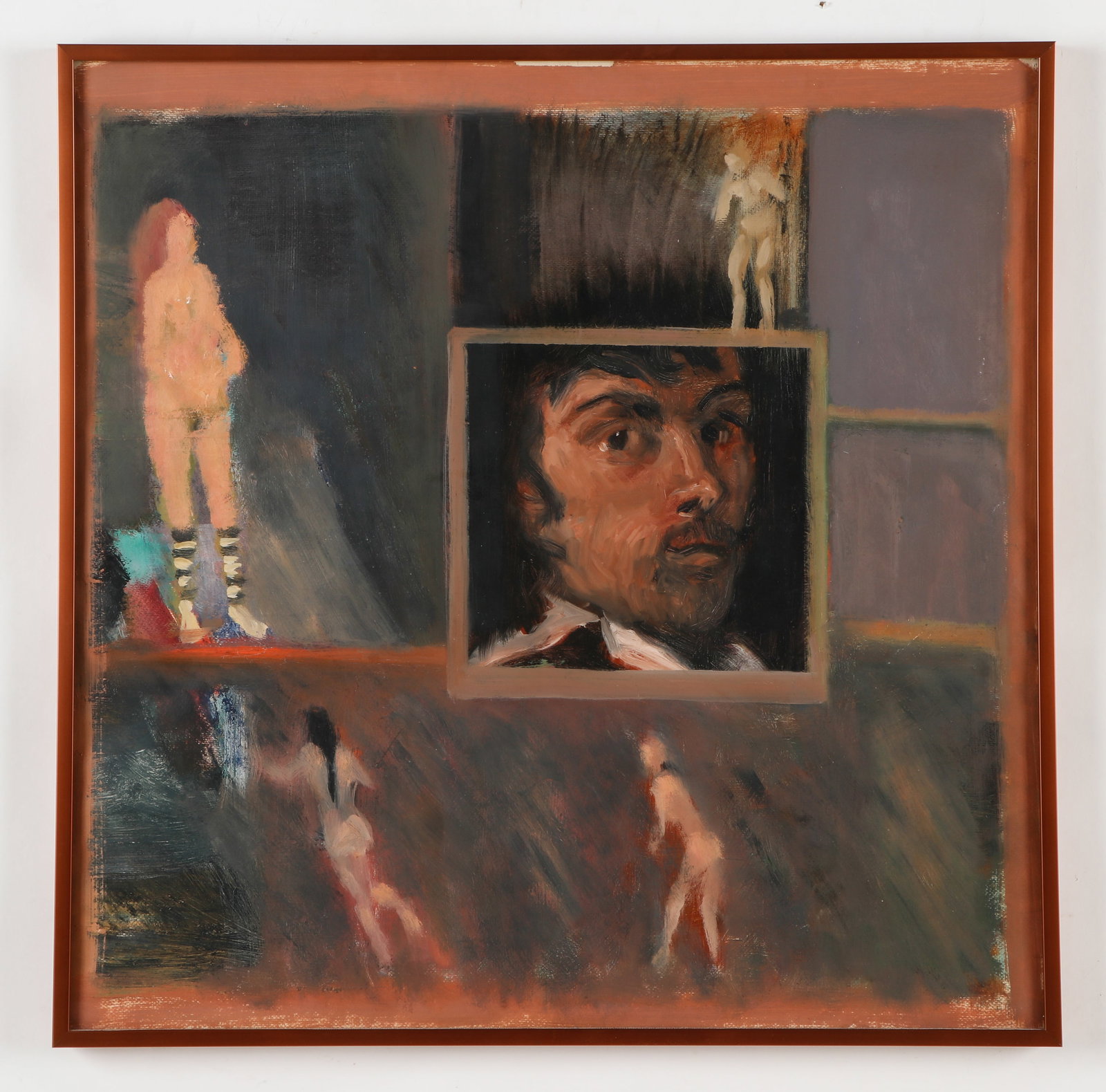 Norman Rubington (1921-1991) Oil Painting: Norman Rubington (American, 1921-1991) Portrait with Figures Oil Painting. Framed. Size: 25.5'' x 25.5'', 65 x 65 cm (sight); 26.25'' x 26.25'', 67 x 67 cm (frame).